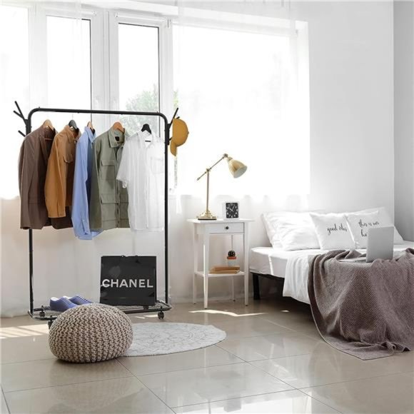 Simple Houseware Industrial Style Garment Rack With Wheels And Hooks, Black - Picture 3 of 6